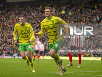 Josh Sargent of Norwich City is celebrating after scoring to make it 1-0, alongside Sydney van Hooijdonk of Norwich City, during the Sky Bet...