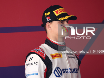 Paul Aron after the Formula 2 Round Feature Race at Sakhir Circuit in Sakhir, Bahrain on March 2, 2024. (