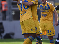 Walid Cheddira of Frosinone Calcio is celebrating after scoring the first goal, making it 1-0, during the 27th day of the Serie A Championsh...