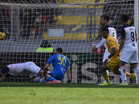 Walid Cheddira of Frosinone Calcio is scoring the first goal during the 27th day of the Serie A Championship match between Frosinone Calcio...