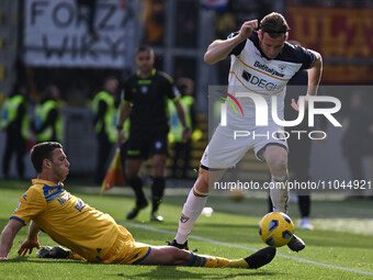 Federico Baschirotto of U.S. Lecce is playing during the 27th day of the Serie A Championship between Frosinone Calcio and U.S. Lecce at the...