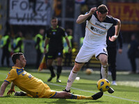 Federico Baschirotto of U.S. Lecce is playing during the 27th day of the Serie A Championship between Frosinone Calcio and U.S. Lecce at the...
