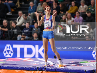 Angelina Topic from Serbia is failing to medal in the high jump event at the 2024 World Athletics Championships in the Emirates Arena, Glasg...