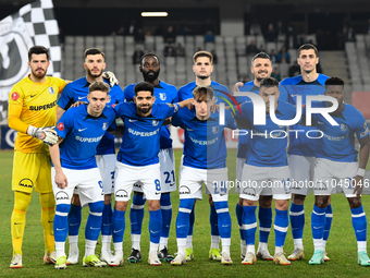 The team of Farul Constanta is posing for a photo at the start of Round 28 of the Romania Superliga match between FC Universitatea Cluj and...