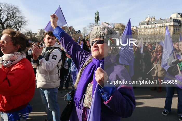 Activists from the ''Fondation des Femmes'' women's rights group are gathering in front of the Eiffel Tower at the Place du Trocadero in Par...