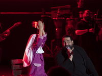Reza Sadeghi (R) is performing with a child laborer during a live concert at the Tehran Milad Tower Cultural and Recreational Complex in Teh...
