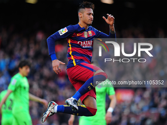The F.C.Barcelona player Neymar Jr., celebrating his goal, during the F.C. Barcelona vs Getafe Spanish League match, in Barcelona, 12th of M...