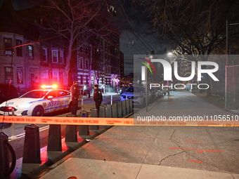 Police are on the scene of a fatal shooting of a 17-year-old boy in the Bronx, New York, United States, on March 7, 2024. They are saying th...