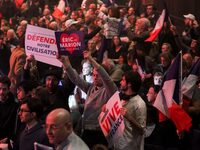 Supporters of the French far-right party Reconquete! are cheering at the party's campaign launch for the upcoming European Parliament electi...