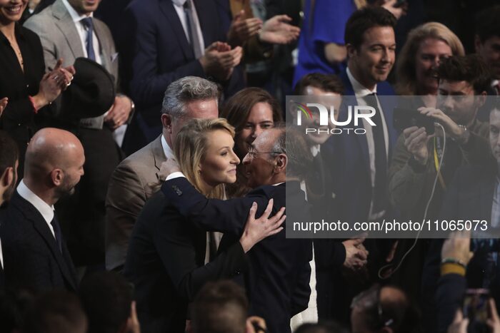 Eric Zemmour, the head of the ''Reconquete!'' party, is greeting Marion Marechal, the head of the list for the party's upcoming European Par...