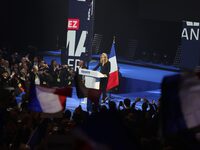Marion Marechal, the head of the list for the far-right party Reconquete! for the upcoming European Parliament elections in June, is address...