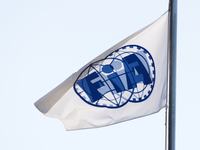 FIA logo is seen on flag before first practice ahead of the Formula 1 Saudi Arabian Grand Prix at Jeddah Corniche Circuit in Jeddah, Saudi A...