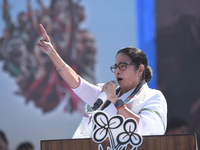 Mamata Banerjee, the Chief Minister of India's West Bengal state and leader of the Trinamool Congress (TC) party, is speaking at a mega rall...