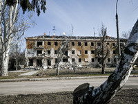 A building is being damaged by Russian shelling in Huliaipole, Zaporizhzhia Region, Ukraine, on March 7, 2024. NO USE RUSSIA. NO USE BELARUS...