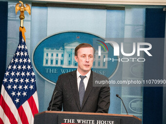 Press Secretary Karine Jean-Pierre and Jake Sullivan are speaking to the press during a White House press briefing in Washington, D.C., on M...