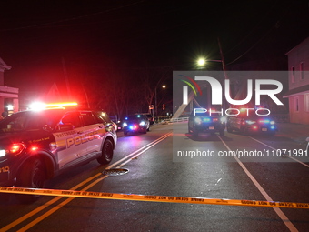 Police are responding to the area of North Bridge Street in Paterson, New Jersey, on March 12, 2024, following reports of two people being s...