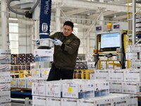 A worker is loading and unloading goods at a smart storage workshop at a hardware manufacturing company in Handan, China, on March 12, 2024....