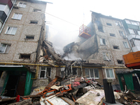 A five-story residential building in Sumy, north-eastern Ukraine, is suffering the aftermath of a Shahed drone attack launched by Russian tr...