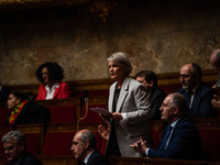 Isabelle Perigault, a deputy from Les Republicains, is criticizing the government's actions at the National Assembly in Paris, France, on Ma...