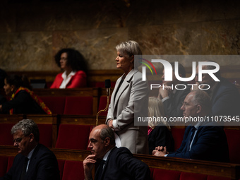 Isabelle Perigault, a deputy from Les Republicains, is criticizing the government's actions at the National Assembly in Paris, France, on Ma...