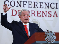 President Andres Manuel Lopez Obrador of Mexico is gesticulating while responding to the media's questions during a press conference at the...
