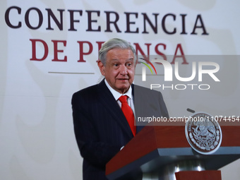 President Andres Manuel Lopez Obrador of Mexico is gesticulating while responding to the media's questions during a press conference at the...