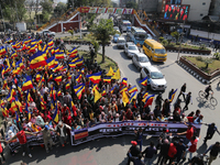 Monarchy supporters are parading through the streets of Kathmandu during a rally organized in the capital on March 14, 2024. Demonstrations...