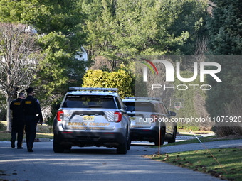 Police are staging at U.S. Congressman Josh Gottheimer's home in Wyckoff, New Jersey, United States, on March 14, 2024. Bergen County Sherif...