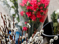 Spring flowers are seen on a stall in the centre of Warsaw, Poland on March 15, 2024 (
