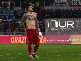 Leandro Paredes of A.S. Roma is greeting the fans during the 29th day of the Serie A Championship between A.S. Roma and U.S. Sassuolo at the...