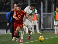 Tommaso Baldanzi of A.S. Roma and Gian Marco Ferrari of U.S. Sassuolo are competing during the 29th day of the Serie A Championship between...