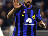 Francesco Acerbi of Inter is gesturing during the Serie A soccer match between Inter FC and SSC Napoli at Stadio Meazza in Milan, Italy, on...