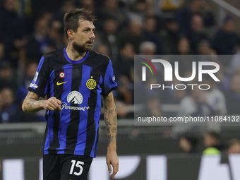 Francesco Acerbi of Inter is looking on during the Serie A soccer match between Inter FC and SSC Napoli at Stadio Meazza in Milan, Italy, on...