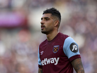Emerson Palmieri of West Ham United is playing during the Premier League match between West Ham United and Aston Villa at the London Stadium...