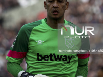 Alphonse Areola of West Ham United is playing during the Premier League match between West Ham United and Aston Villa at the London Stadium,...
