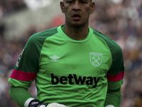 Alphonse Areola of West Ham United is playing during the Premier League match between West Ham United and Aston Villa at the London Stadium,...