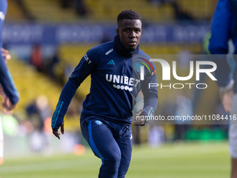Wilfried Gnonto of Leeds United is warming up before the Sky Bet Championship match between Leeds United and Millwall at Elland Road in Leed...