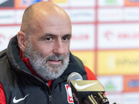 Coach Michal Probierz is speaking at the team Poland press conference before the Euro 2024 play-off match against Estonia in Warsaw, Poland,...