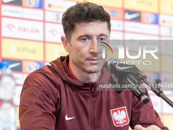 Robert Lewandowski is speaking at the team Poland press conference before the Euro 2024 play-off match against Estonia in Warsaw, Poland, on...