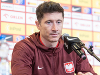 Robert Lewandowski is speaking at the team Poland press conference before the Euro 2024 play-off match against Estonia in Warsaw, Poland, on...