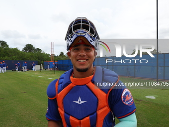 New York Mets minor league catchers are working out during spring training at the Mets Minor League Complex in Port St. Lucie, Florida, on M...