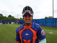 New York Mets minor league catchers are working out during spring training at the Mets Minor League Complex in Port St. Lucie, Florida, on M...
