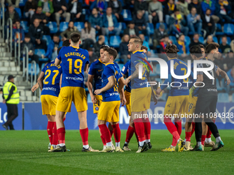 The FC Andorra players are forming up during the LaLiga Hypermotion 2023 - 2024 match against SD Amorebieta at Estadi Nacional d'Andorra in...