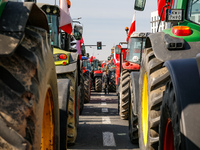 Polish farmers and their supporters park their tractors in a column to block public roads, they carry Polish flags and banners during a prot...