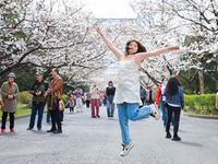 A student is posing for a photo next to cherry trees at Nanjing Forestry University in Nanjing, China, on March 21, 2024. (