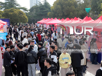 College students are looking for jobs at a spring job fair at Siyuan Square on the Xiangshan campus of Huaibei Normal University in Huaibei,...