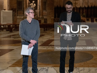 Poet Gabriele Tinti and actor Willem Dafoe are reading the poems by Gabriele Tinti at The Pantheon in Rome, Italy, on March 21, 2024. (