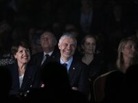 Annie Genevard (L) and Laurent Wauquiez (C) of the French right-wing party Les Republicains (LR) are listening to speeches at the party's ca...