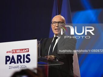 Eric Ciotti, president of the French right-wing party Les Republicains (LR), is addressing the party's campaign launch rally for the upcomin...