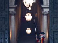 Swiss Guard member stands in Vatican on March 24, 2024. (